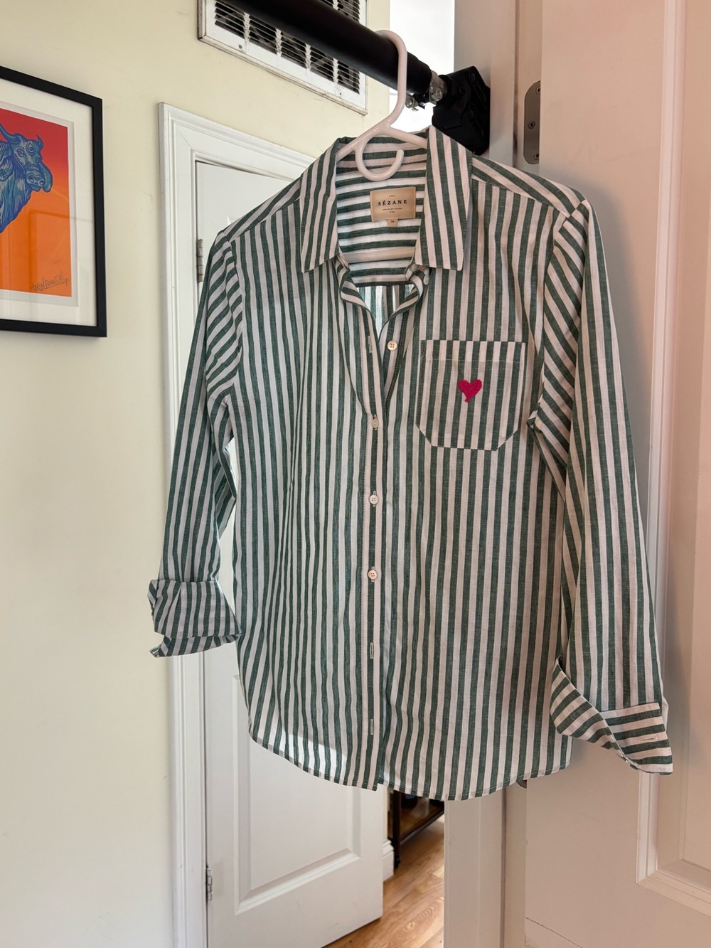 Sézane Green and White Striped Button-Up Shirt with Chain-Stitched Pink Heart